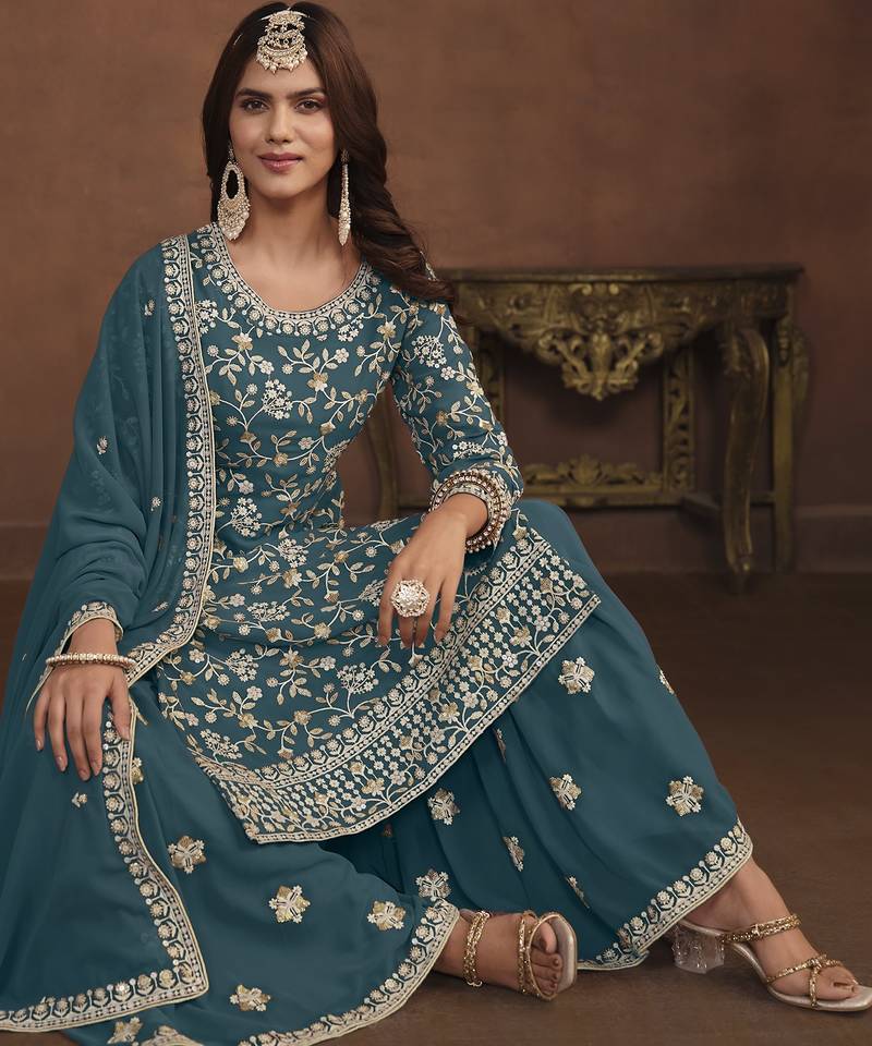 gorgeous teal green embroidered georgette semi-stitched sharara salwar suit