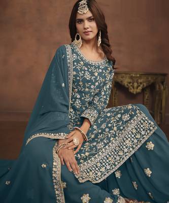 gorgeous teal green embroidered georgette semi-stitched sharara salwar suit 3