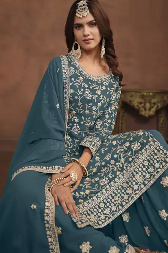 gorgeous teal green embroidered georgette semi-stitched sharara salwar suit