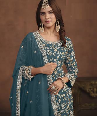 gorgeous teal green embroidered georgette semi-stitched sharara salwar suit 4