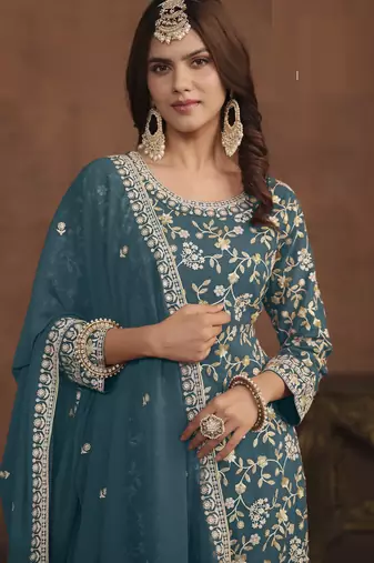 gorgeous teal green embroidered georgette semi-stitched sharara salwar suit
