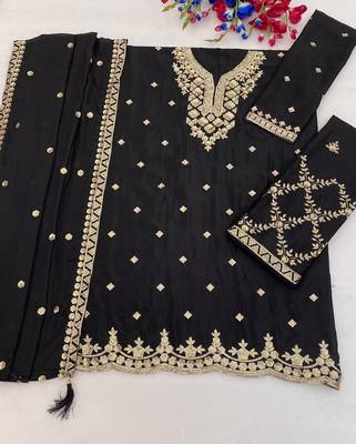 Designer black color zari work pakistani suit piece with heavy border dupatta for women 3