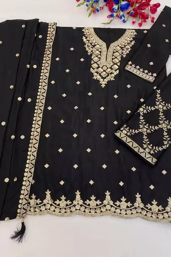 Designer black color zari work pakistani suit piece with heavy border dupatta for women