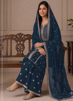 Teal zari work straight kurta with bottom & scallop dupatta set 2