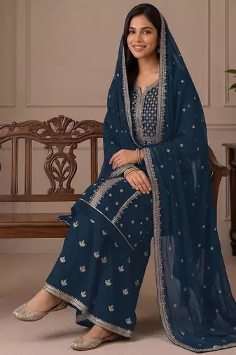 Teal zari work straight kurta with bottom & scallop dupatta set
