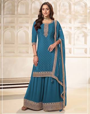 Blue embroidered unstitched salwar suit material with heavy border dupatta 1