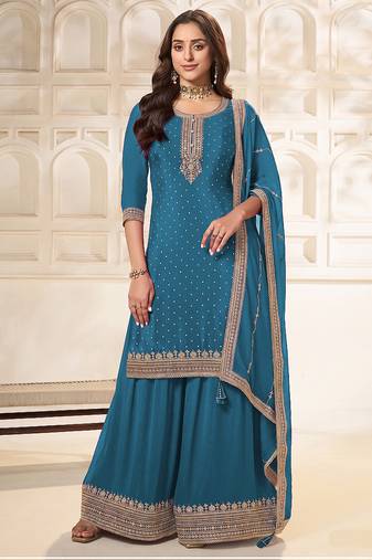 Blue embroidered unstitched salwar suit material with heavy border dupatta