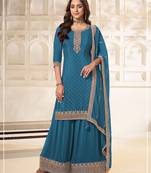 Blue embroidered unstitched salwar suit material with heavy border dupatta