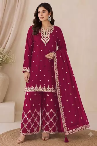 Designer red color zari work pakistani suit piece with heavy border dupatta for women