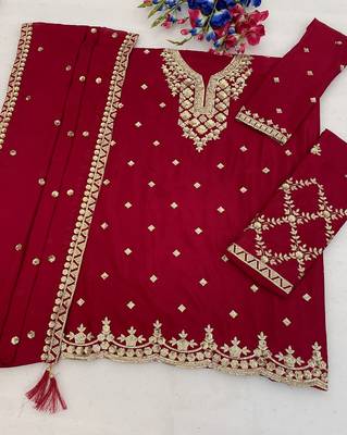 Designer red color zari work pakistani suit piece with heavy border dupatta for women 4
