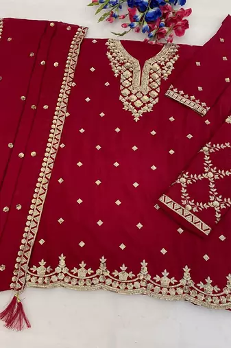 Designer red color zari work pakistani suit piece with heavy border dupatta for women