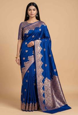 Blue semi silk banarasi  saree with floral zari work 1