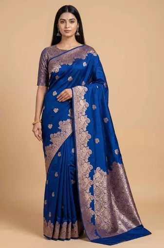 Blue semi silk banarasi  saree with floral zari work