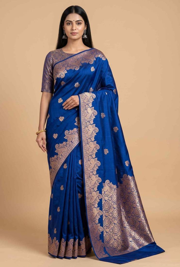 Blue semi silk banarasi  saree with floral zari work