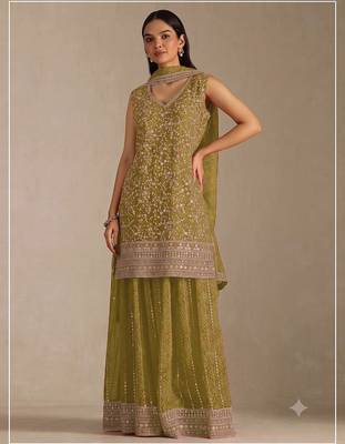 Olive green  faux georgette bandhani mirror work dress material set 1