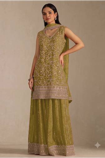 Olive green  faux georgette bandhani mirror work dress material set