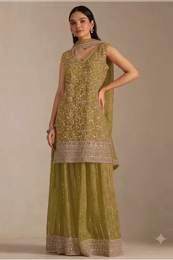 Olive green  faux georgette bandhani mirror work dress material set