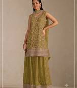 Olive green  faux georgette bandhani mirror work dress material set