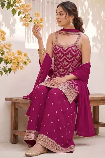 Pink embroidered strappy kurti sharara set