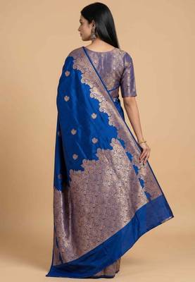 Blue semi silk banarasi  saree with floral zari work 2