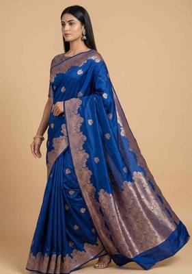 Blue semi silk banarasi  saree with floral zari work 3