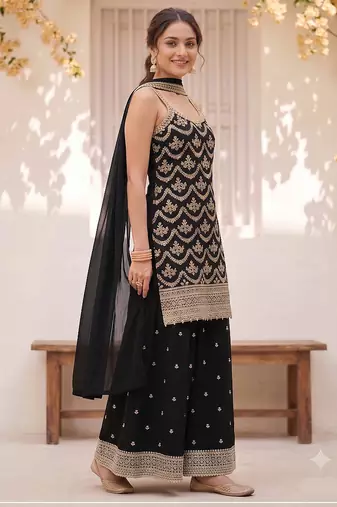 Black embroidered strappy kurti sharara set