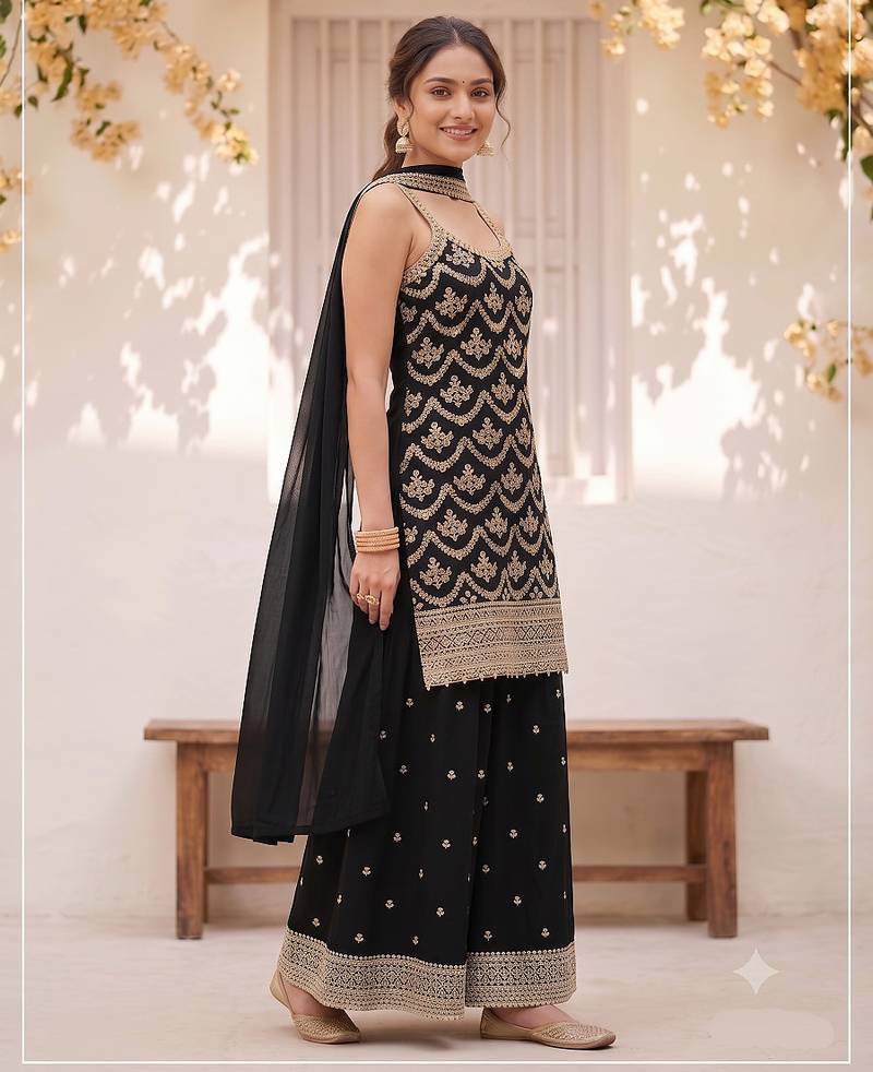 Black embroidered strappy kurti sharara set