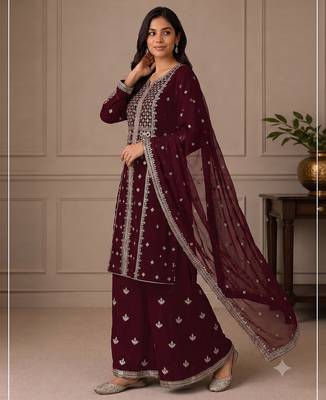 Maroon zari work straight kurta with bottom & scallop dupatta set 2
