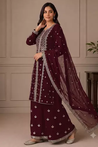 Maroon zari work straight kurta with bottom & scallop dupatta set