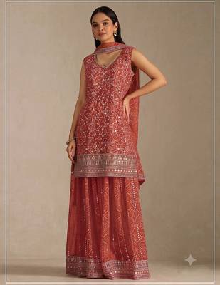 Orange georgette bandhani mirror work dress material set 1