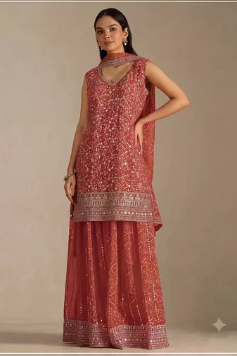 Orange georgette bandhani mirror work dress material set