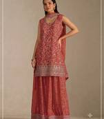 Orange georgette bandhani mirror work dress material set