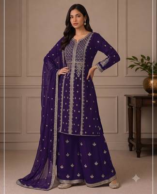 Jambli purple zari work straight kurta with bottom & scallop dupatta set 2