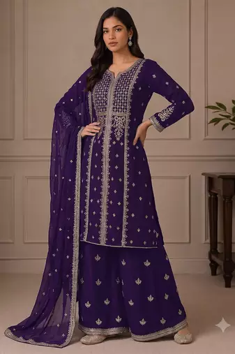Jambli purple zari work straight kurta with bottom & scallop dupatta set