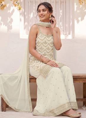 White embroidered strappy kurti sharara set 2