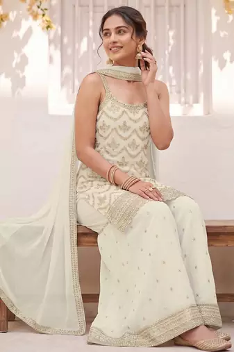 White embroidered strappy kurti sharara set