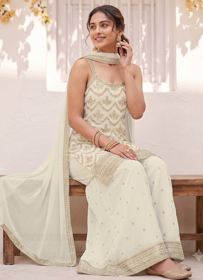 White embroidered strappy kurti sharara set