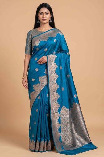 Sky blue semi silk banarasi  saree with floral zari work