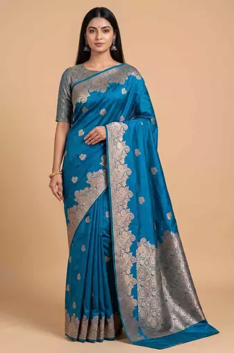 Sky blue semi silk banarasi  saree with floral zari work