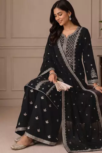 Balck zari work straight kurta with bottom & scallop dupatta set