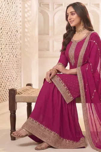 Pink embroidered unstitched salwar suit material with heavy border dupatta