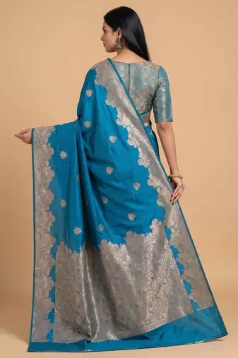 Sky blue semi silk banarasi  saree with floral zari work