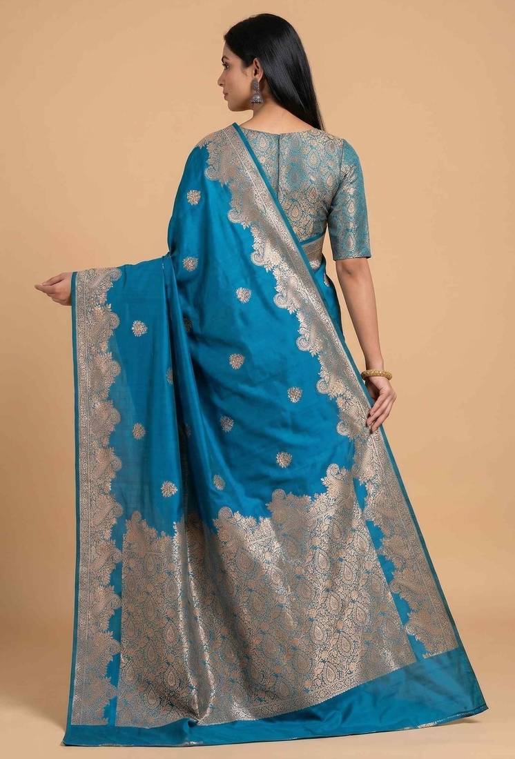 Sky blue semi silk banarasi  saree with floral zari work