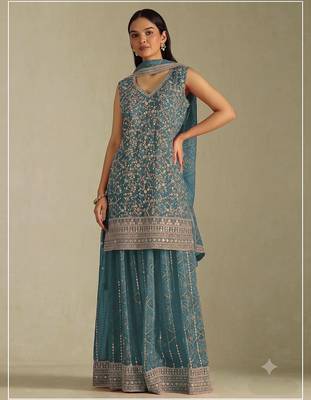 Teal georgette bandhani mirror work dress material set 1