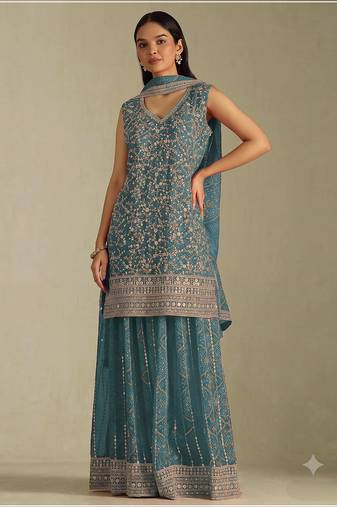 Teal georgette bandhani mirror work dress material set