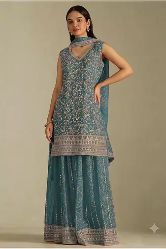 Teal georgette bandhani mirror work dress material set