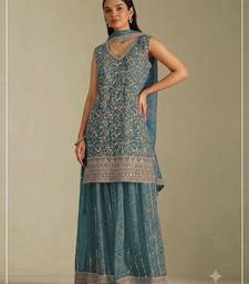 Teal georgette bandhani mirror work dress material set