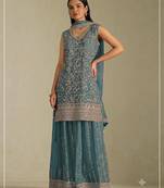 Teal georgette bandhani mirror work dress material set