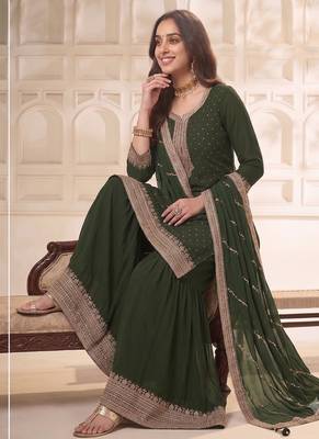 Mehendi  embroidered unstitched salwar suit material with heavy border dupatta 2