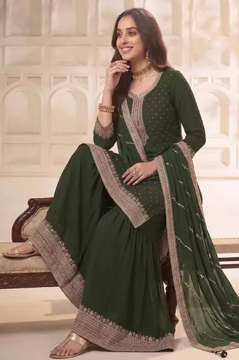 Mehendi  embroidered unstitched salwar suit material with heavy border dupatta